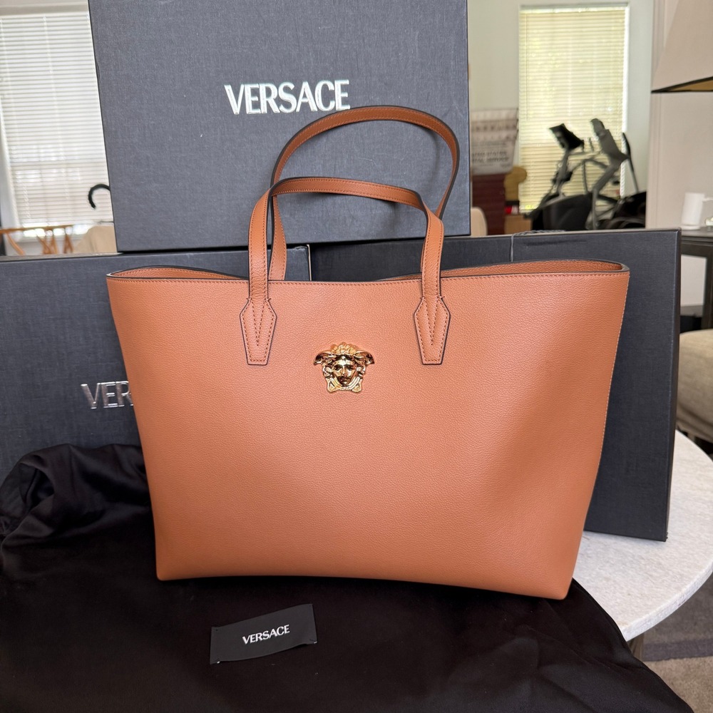 Versace 10115533 La Medusa Leather Tote Bag Brown Barocco Lining Shopper Handbag